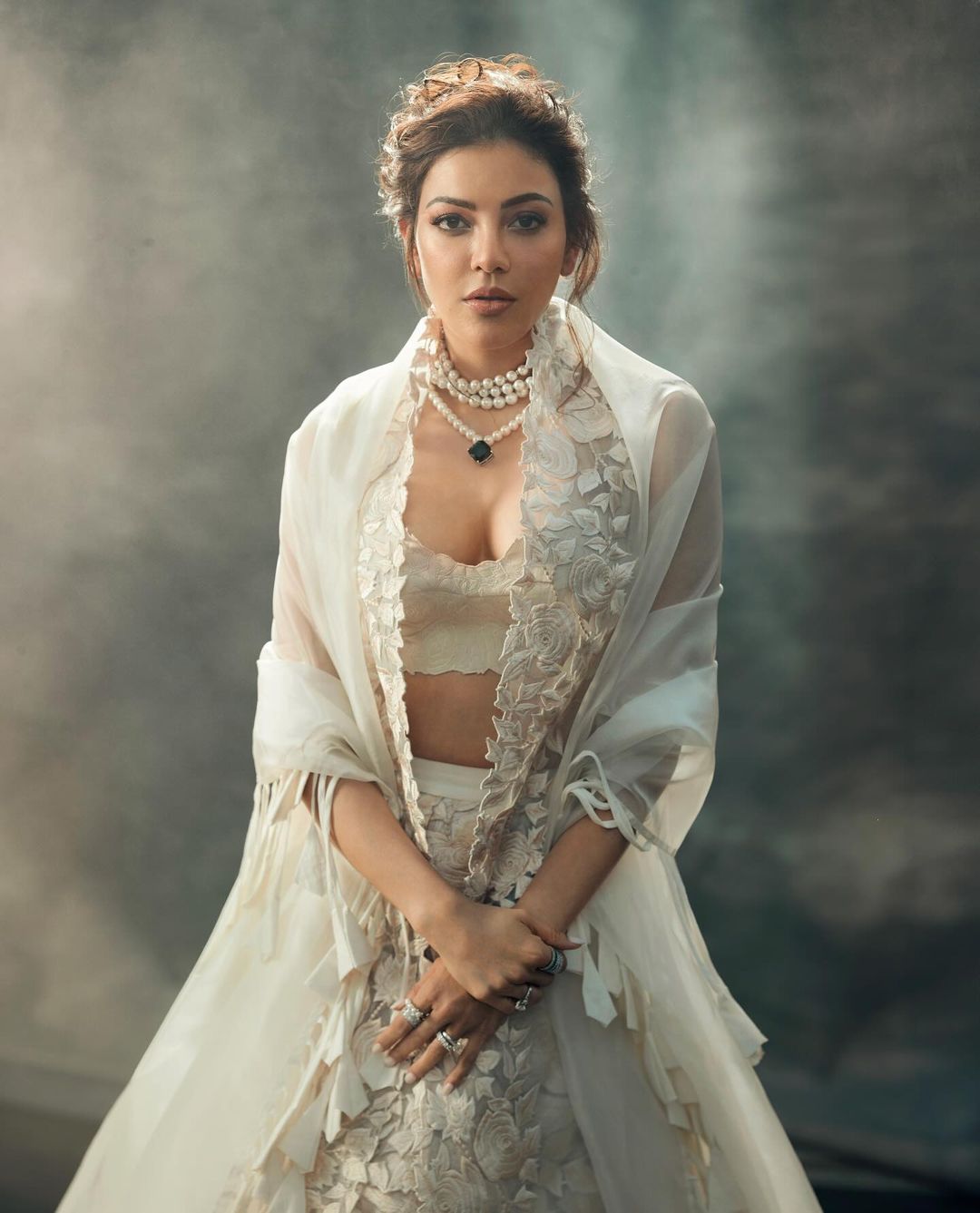 Indian Actress Kajal Aggarwal Stills in White Lehenga Choli